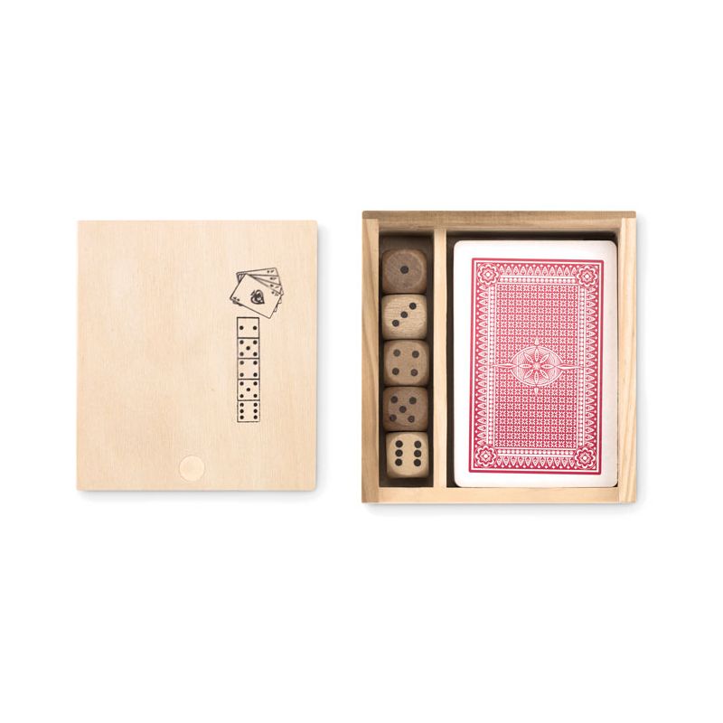 Set de cartas e dados em caixa